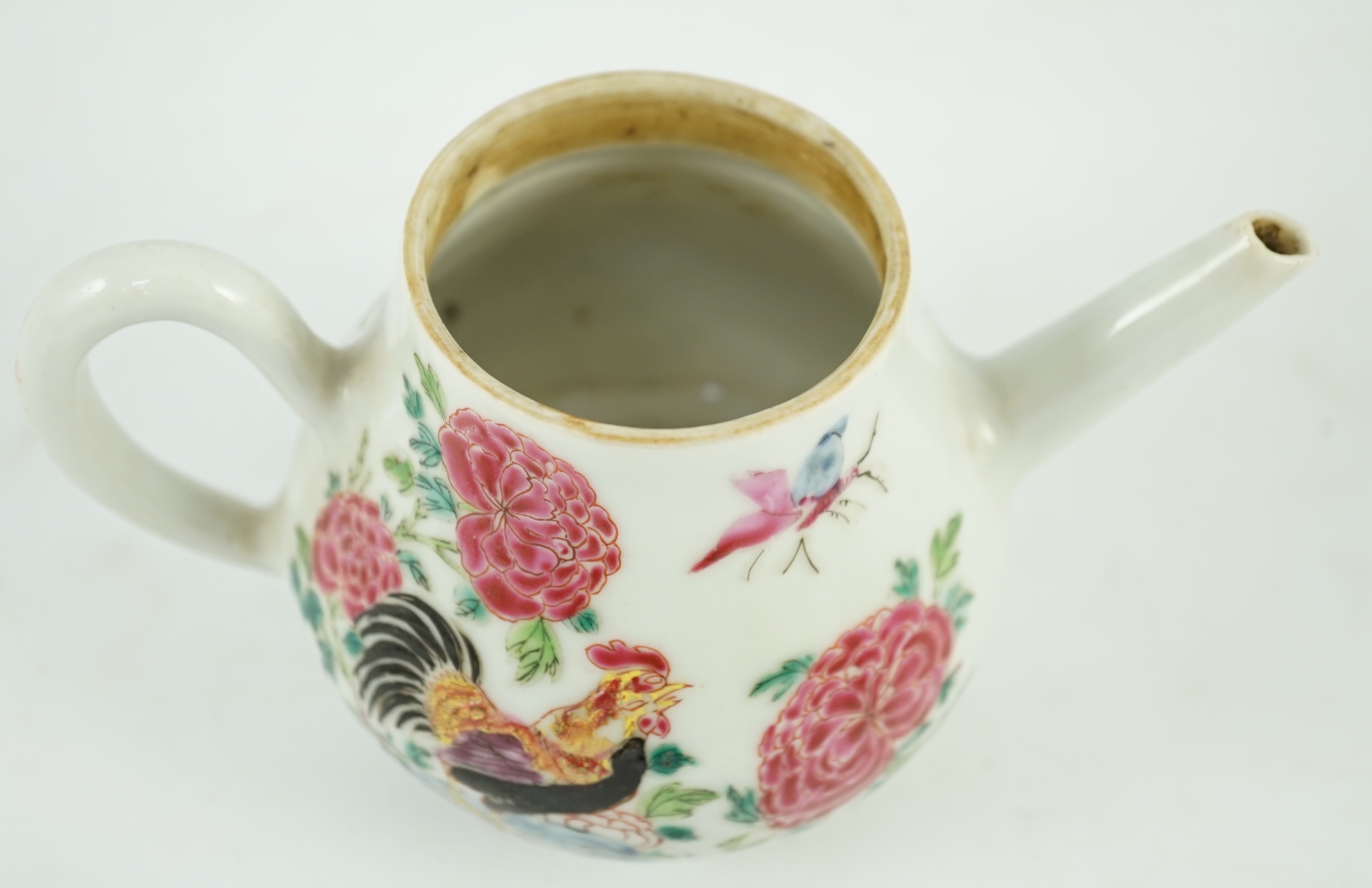 A Chinese famille rose ‘cockerel’ teapot, Yongzheng period, 12 cms high, 11.5cm high